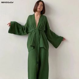 NHKDSASA Kimono Pyjama 2023 100 Katoen Crêpe Lange Mouwen Broek Dames Nachtkleding Pak Dames Home Service Mujer 231211