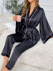 Sexy Pyjama Eenvoudige Satijnen Pyjama Set Lange Mouw Gewaad Met Riem V-hals Elegante Loungewear Dames Nachtkleding 231211