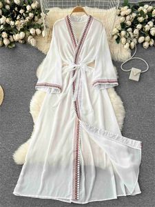 SINGREINY Mode Boheemse Vest Sexy Pyjama Dames Kantgarnituren Lang Gewaad 2024 Senior Chiffon Losse Erotische Sheer Nachtkleding 24318