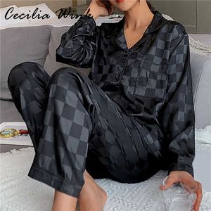 Sexy Pyjamas Women 2 Pieces Nightwear Set Chessboard Luxury Ice Silk Pajamas Set Long Sleeve Soft Sleepwear Female Spring Summer Homewear J230601