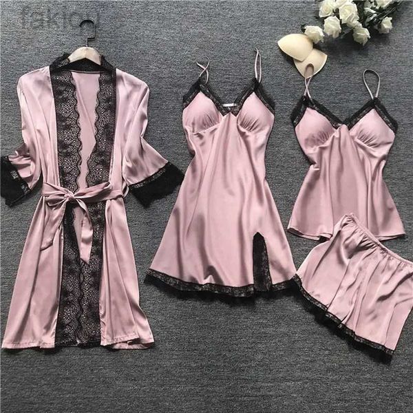 Pyjamas Sexy femmes pyjamas ensembles Satin vêtements de nuit en soie 4 pièces vêtements de nuit Pyjama sangle dentelle sommeil salon avec coussinets de poitrine 24318