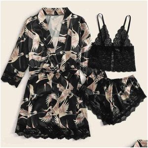 Sexy pyjamas Femmes Sleepwear Underwear Set Silk Pajamas NightRss Lingerie Robes Three Piece Suit of Black Crane 211202 Drop délivre dhnow