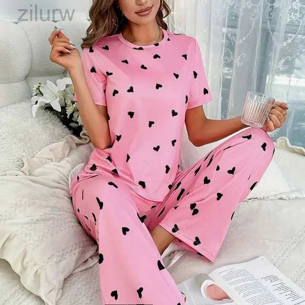 Pyjamas sexy Femmes Summer Sleeping Heart Print Pyjama Ensemble à manches courtes Top à manches et pantalons de ceinture élastique pour un sommeil confortable et se prélasser D240425