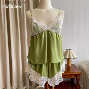 Sexy pyjama's y Lace patchwork cami top shorts 2pcs pyjamas korte pyjama's passen vrouwen satijn nachtkleding vrijetijd loungewear lente slaapkleding l410