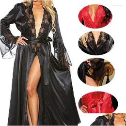 Pyjamas sexy Y Pyjamas Femmes Longue Robe Kimono Robe De Bain En Dentelle Robe De Nuit En Soie Glacée Livraison Directe Vêtements Sous-vêtements Sous-vêtements Sexy Dh2BC