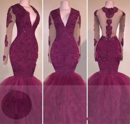 Sexy Rark Red Lace Prom Dresses lange mouwen Mermaid 2k 17 African Formal Evening Jurns Illusion Black Girls Pageant Dress7734872