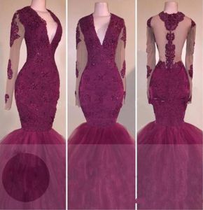 Sexy Rark Red Lace Prom Dresses Long Sheeves Mermaid 2K 17 African Formal Evening Jurns Illusion Black Girls Pageant Dress1378199