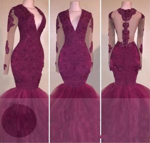 Sexy Rark Red Lace Prom Dresses lange mouwen Mermaid 2k 17 African Formal Evening Jurns Illusion Black Girls Pageant Dress7734872