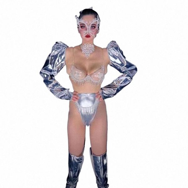 Sexy Rave Outfit Sliver Laser Bikini Femmes Party Pole Dance Vêtements Bar Discothèque Dj Ds Gogo Costume Stage Festival Wear XS6926 J4iz #