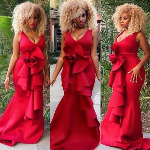 Sexy Red Deep V Neck Prom Dresses Ruffles Mermaid Plus Size vestidos de noche 2k19 Sweep Train Women Cocktail Party Dress Cheap