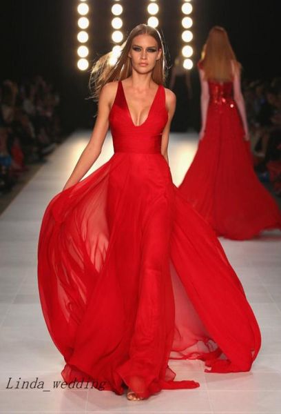 Robes de soirée rouge sexy designer de profondeur v cou long en mousseline de soie