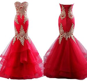 Robes de bal sexy rouge or sirène jupe à plusieurs niveaux appliques dentelle chérie à lacets robes en tulle tenue de soirée robes de soirée formelles robes 2019