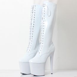 Sexy Rouge Genou-Bottes Mode Chaussures Femmes 9Cm Plate-Forme Stiletto Zip Blanc Bout Pointu 20Cm Bottes À Talons Hauts