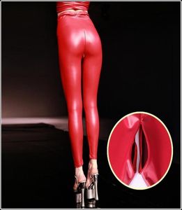 Pantalon skinny de latex rouge sexy PU FAUX LEGGINGS OUVERTES LEGGINGS FEMMES HAUTE TAISE INVISIBLE Black Black Custom Slim pantalon Y2004291661