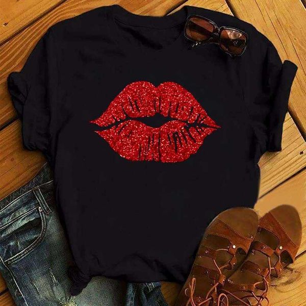 Sexy Red Lips Print Femmes T-shirts Femmes Casu