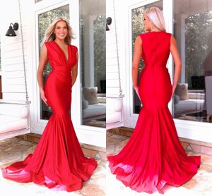 Sexy Red Mermaid-jurken avondkleding formele vrouwen 2020 diepe v-neck geplooide pet mouw feestjurk prom speciale gelegenheid plus maat