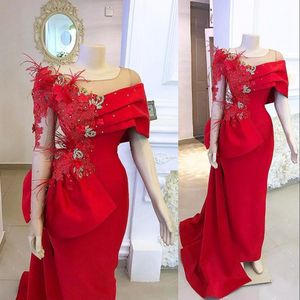 Sexy Rode Mermaid Avondjurken voor Vrouwen Slijtage Ronde Hals Lange Mouwen Kant Applicaties Crystal Beaded Feather Formele Prom Dress Partyjurken