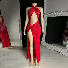 Sexy Rode Zeemeermin Galajurk Voor Vrouwen Hot Strass Halter Hals Hoge Split Feestavondjurk Vestidos De Gala