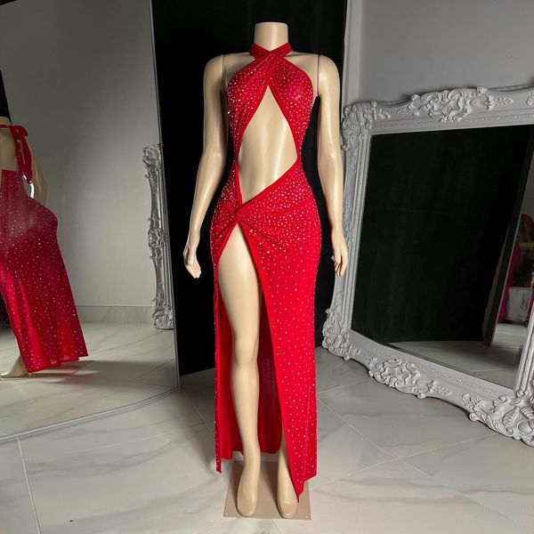 Robe De bal sirène rouge Sexy pour femmes, strass, col licou, fente haute, robe De soirée De Gala