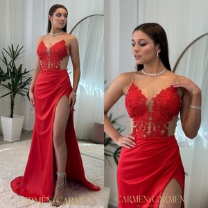 Sexy rode zeemeermin prom jurk split illusie formele avond elegante kanten appliques feestjurken voor speciale ocns riemen beloning