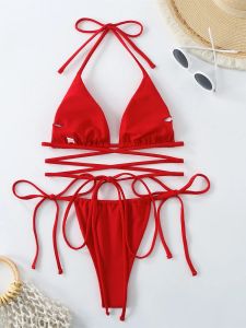 Sexy Red Micro Bikini 2024 Mujer Women Swimsuit Black Criss Cross Bandage Push Up Swimwear Bathing Suit Tie Side Thong Bikini's