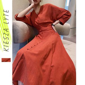 Robe midi rouge sexy bouton avant col en V manches manches robes trapèze robes de soirée élégantes 210608