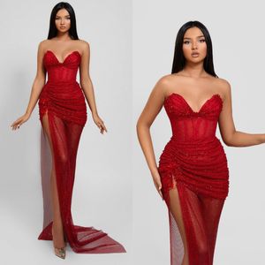 Robe de bal rouge sexy paillettes nettes chérie fendue robes de soirée formelles élégantes robes de soirée plissées pour occasions spéciales robe de soirée