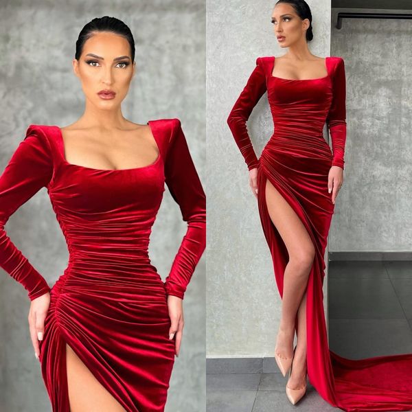 Robes de bal rouge sexy col carré manches longues velours robes de soirée plis fente semi formelle tapis rouge longue robe occasion spéciale