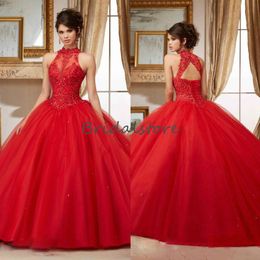 Robes de quinceanera rouge sexy appliques en dentelle à cou high couches de bal robes de fête de bal 2020 Open arrière corset Brithday Sweet 16 robe 2020 328y
