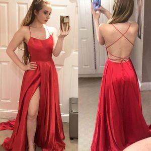 Sexy Rode Satijn Avondjurken Spaghetti Riemen met Side Spleet Backless Prom Dresses 2018 Blauwe Avondjurken Prom Party Jurk Goedkope Abiye