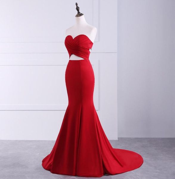 Sexy rouge satin réel échantillon de sirène robes de bal sans bretelles Boutons de sol le sol du soir robes de fête épreuve porte robe 7659463