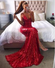 Sexy Rode Sequin Schede Split Front Plus Size Abendklid Prom Dresses Vestidos de Noche 2019 Goedkope gewaden de Bal Longues Evening Jassen