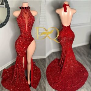Robe de bal sirène rouge Sexy pour filles noires, dos nu, col licou, tenue de soirée formelle d'anniversaire africaine, 2024