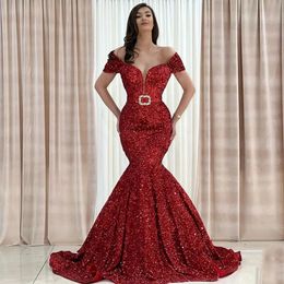 Sexy rouge paillettes robes de soirée col en v profond longue épaule sirène femmes formelle bal de promo robes de soirée ceinture Met Gala Soiree