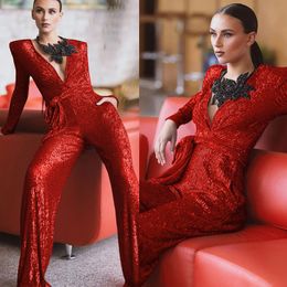 Sexy Rode pailletten Avondjurken Lovertjes Volledige mouwen Bescheiden Jmpsuits met riem Custom Made Prom-jurken