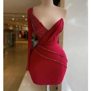 Sexy Rode Korte Prom Jurken Een Schouder Sweetheart Crystal Kralen Ruches Geplooide Mini Lengte Plus Size Avondjurken Homecoming YD