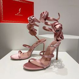 Sexy Renecaovilla Kroonluchter Sandalen Schoenen Dames Cleo Glitterzolen Satijnen Bloem Strappy Spiraal Wraps Riem Hoge Hakken Dame Partij Bruiloft Pompen EU35-43