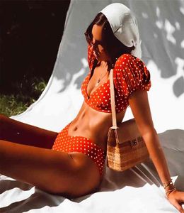 Sexy retro witte polka dot duw omhoog bikini set korte bladerde puff mouw zwempak vrouwen zwemkleding stranddladen zwembadpak 2107286469294