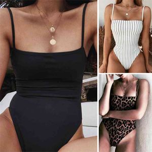 Sexy réversible léopard/solide/rayure Bandeau body Monokini femme taille haute string maillots de bain femmes maillot de bain 210625