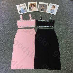 Sexy strass camisola saia feminina cintura elástica pacote hip saia moda fina malha suspensórios saia 2 peça conjunto