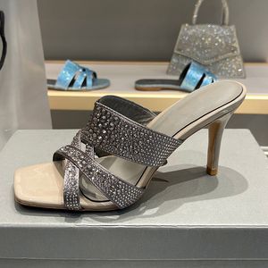 Sexy Rhinestone High Heel Chaussures Femmes Slippers Open Toe Rome Designer Slide Mules Party Pumps