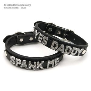 Sexy strass letters Ja Daddy SPANK me choker kraag kettingen mannen dames punk rolle leeftijd play lederen chocker cosplay sieraden 240416