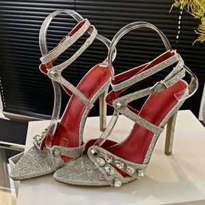 Sexy klinknagels fijne hoge hiel puntige pompen vrouwen designer hakken sandalen vrouwelijke glitter strass rhinestone feestkleding schoenen