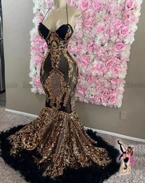Sexy robe de soir￩e femme vestido de graduación sirena con plumas 2022 negro lentejuelas vestidos de noche chica fiesta desgaste BES121