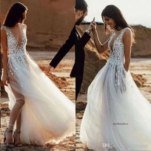 Sexy Romantique plage bohème robes de mariée en ligne A-manches bon marché sans cou de profondeur en couches à couches zipper Back Bridal Custom Made 0430