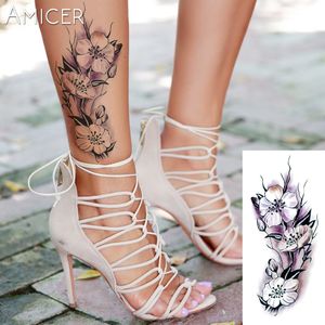 Sexy romántico rosa oscuro flores tatuaje manga Flash Henna tatuajes falsos impermeables tatuajes temporales pegatinas tatuajes traducidos