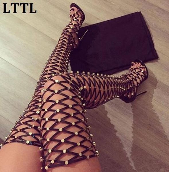 Sexy Rome Style découpes cuissardes sandales cloutées Rivets longues bottes de gladiateur bout ouvert talons hauts chaussures sandales femme