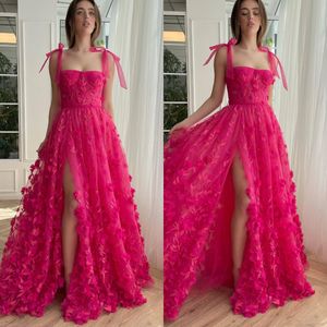 Sexy roze roze galajurken spaghetti bloemen appliques avondjurken gleuf semi-formele rode loper lange jurk voor speciale gelegenheden