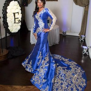 Sexy Royal Blue 2020 Plus Size Prom Dresses Sexy Afrikaanse Nigeriaanse V-hals Vloer Lengte Avondjurk Sweep Train Formele Partyjurk