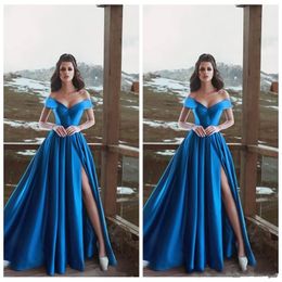 Sexy Royal Blue A-Line Prom Dresses Hoge Kant Split Korte Mouwen Off Shoulder Paste Elegant Avond Party Gowms Robe de Soree goedkoop